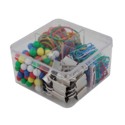 Includes: 18 binder clips, 100 paper clips, 100 map pins and 100 rubber bands
